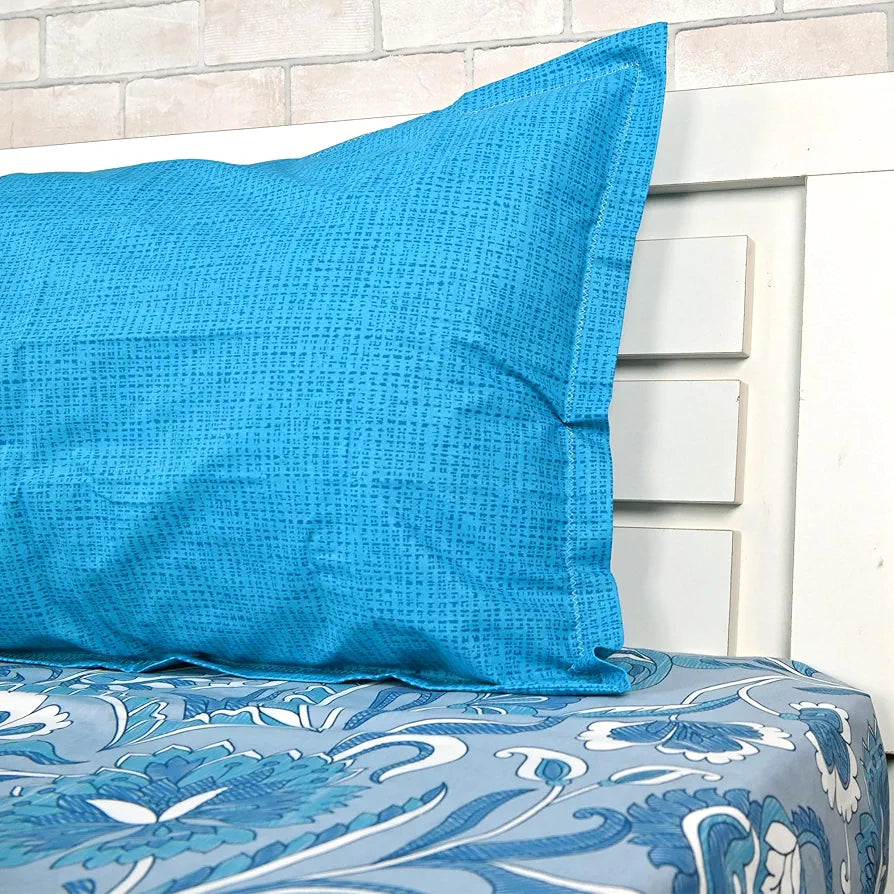 Divine Casa 144 TC Pure Cotton Single Size Bedsheet with 1 Pillow Cover Regal Paisley Colour Silver Sky Blue