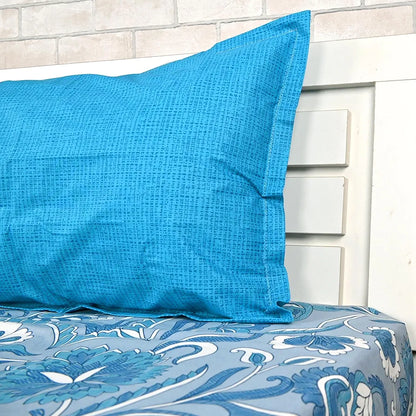 Divine Casa 144 TC Pure Cotton Single Size Bedsheet with 1 Pillow Cover Regal Paisley Colour Silver Sky Blue