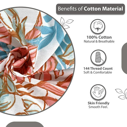 Divine Casa 144 TC Pure Cotton Double Bed Bedsheet with 2 Pillow Covers Floral Breeze Colour Coral Aqua