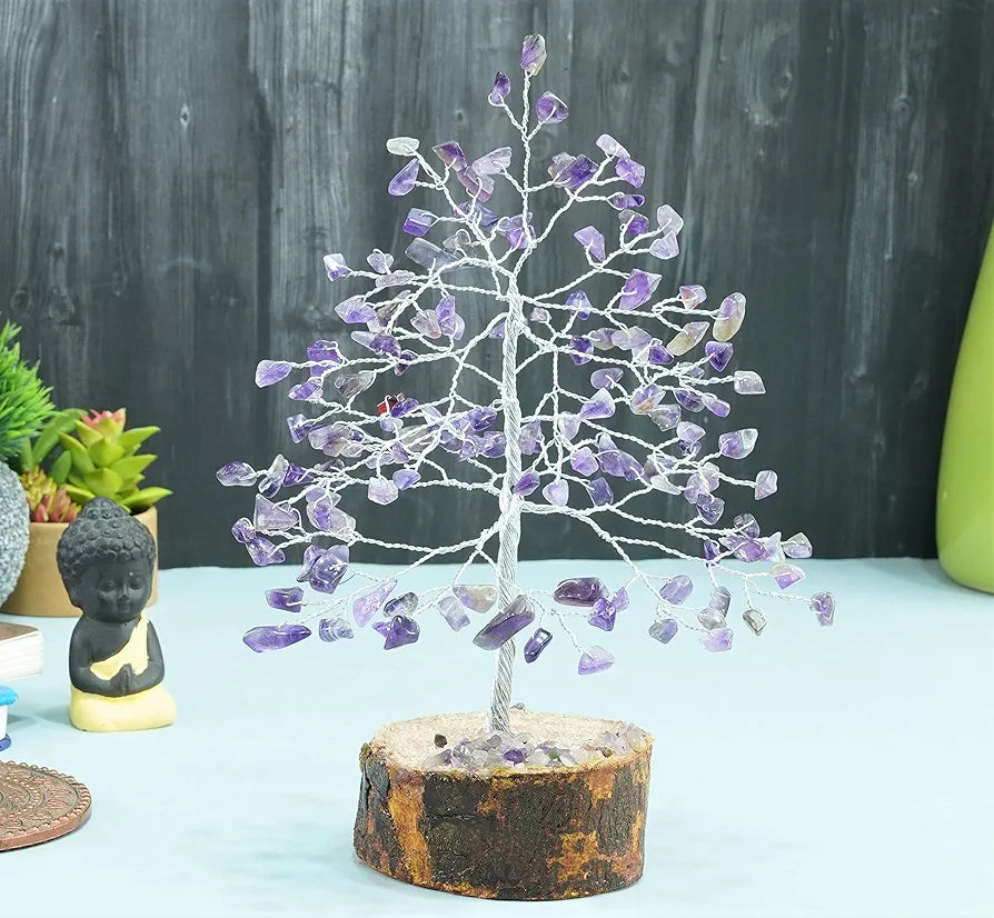 Crocon Amethyst Gemstone Money Tree Feng Shui Bonsai Silver Wire