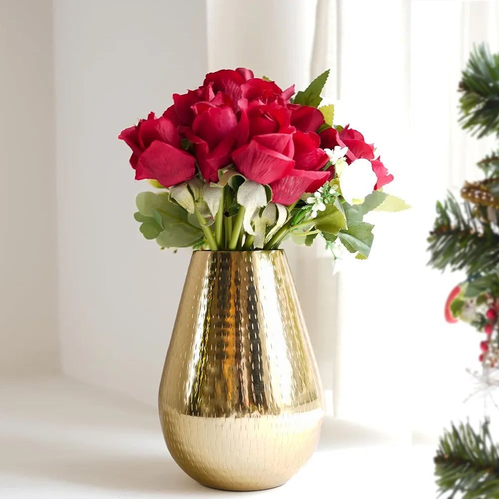 Behoma Drop Shape Metal Hammered Flower Vase 7.5 inches Golden 1 Pc Flowers not Included