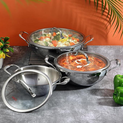 Vinod Platinum Triply Stainless Steel Extra Deep Kadai with Glass Lid 4.8 Litre (28 cm) | 2.5mm Thick | Kadai for Cooking