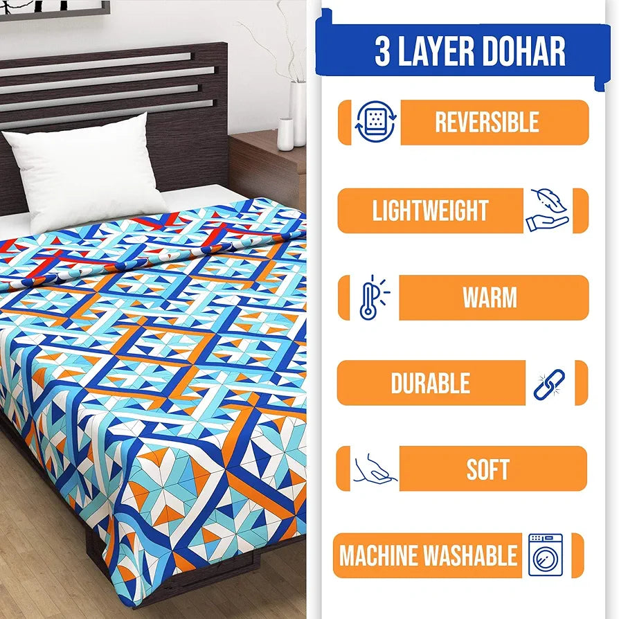 Divine Casa 120 GSM Microfiber Double Dohar Soft & Lightweight Throw Blanket Tessellate Pattern Colour Blue-Red & Orange