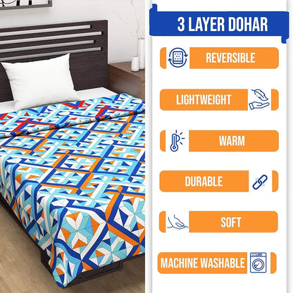 Divine Casa 120 GSM Microfiber Double Dohar Soft & Lightweight Throw Blanket Tessellate Pattern Colour Blue-Red & Orange