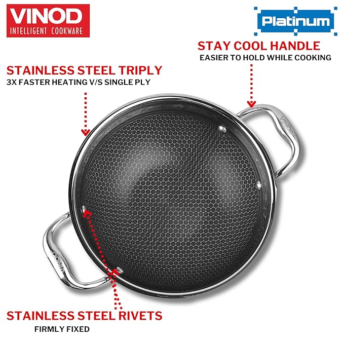 Vinod Sas Pro Platinum Stainless Steel Non Stick Extra Deep Kadai With Lid- 3.3 Litre, 24cm | Hexa Design Triply Kadhai
