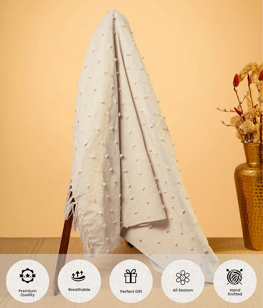 Sajavat Home Hand Knitted Pure Cotton Throw Colour Grey & Beige