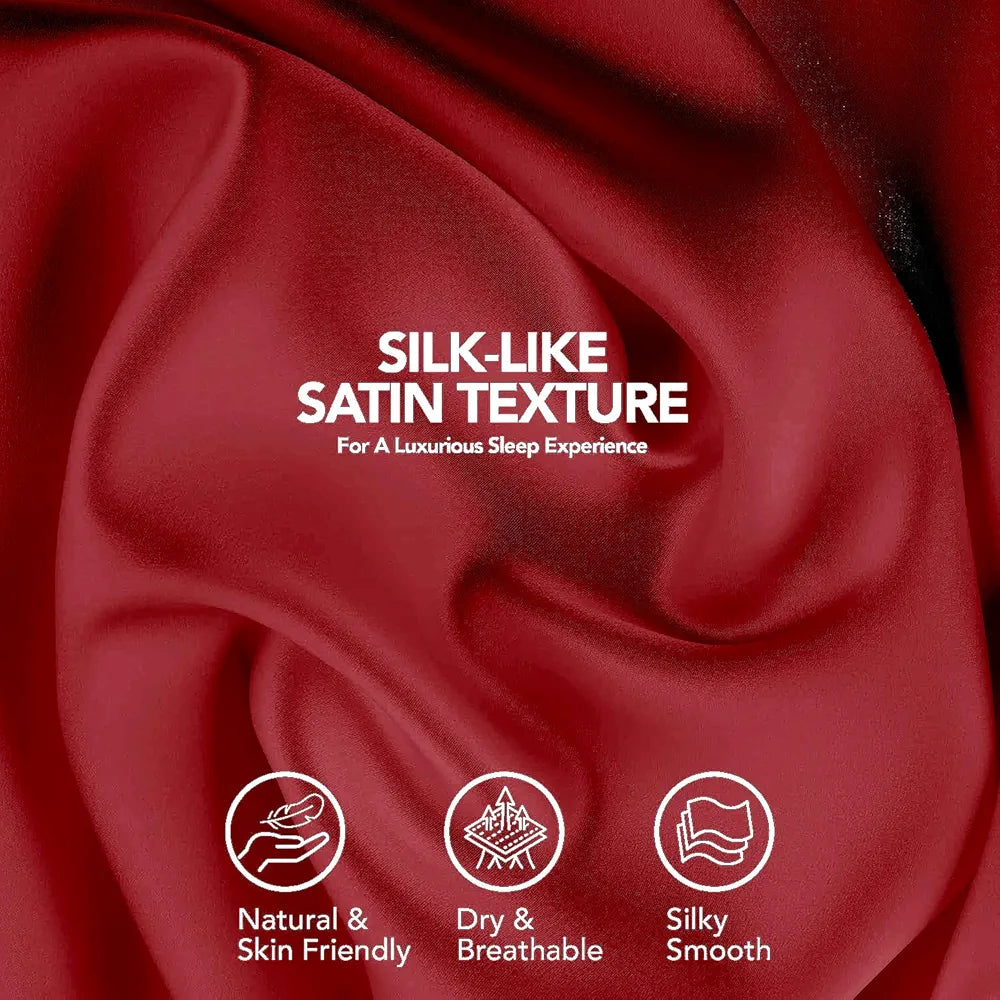 Cloth Fusion Satin Pillow Cover Set of 2 for Pillow Case with 3 Satin Soft Scrunchies for Women Crimson Red