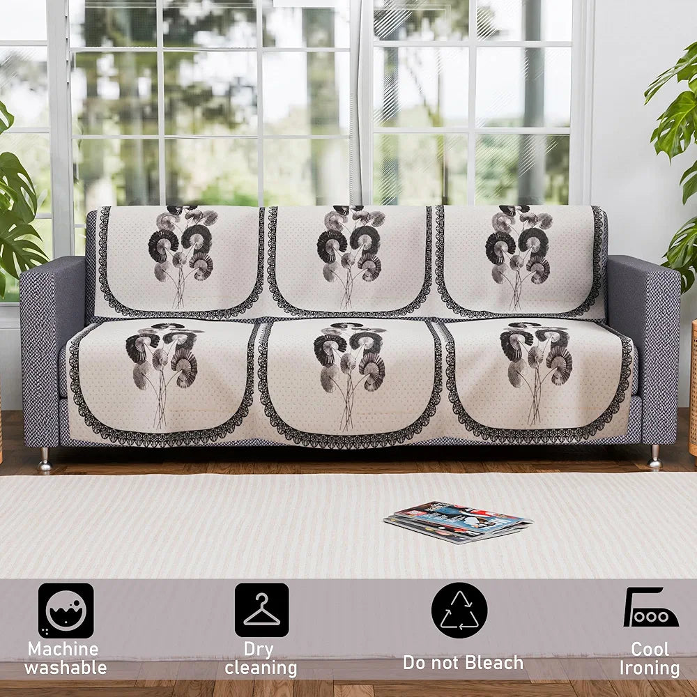 Kuber Industries Set of 6 Velvet 3 Seater Sofa Covers for Living Room Digital Flower-Cream & Green