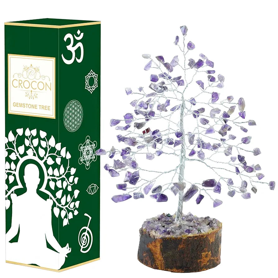 Crocon Amethyst Gemstone Money Tree Feng Shui Bonsai Silver Wire