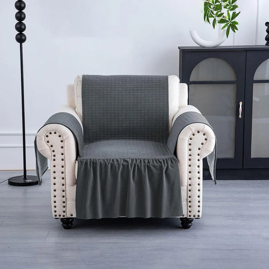 Kuber Industries Soft Velvet Quilted Single Seater Sofa Cover with Pocket Arms Frill Grey