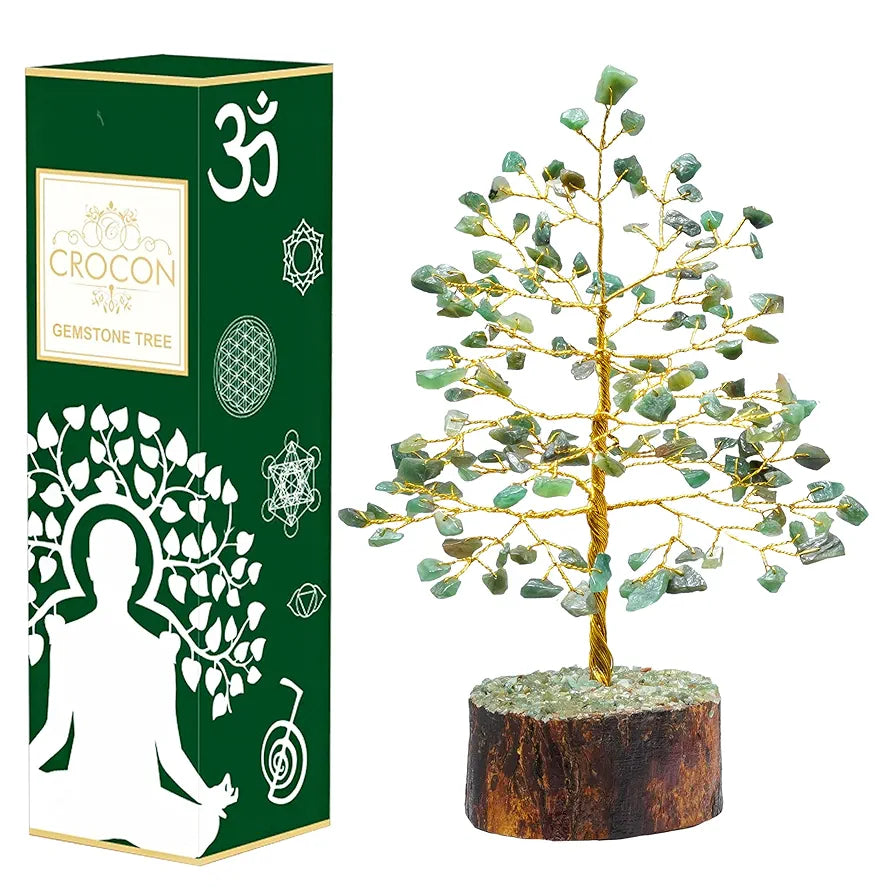 Crocon Green Aventurine Gemstone Money Tree Feng Shui Bonsai Golden Wire