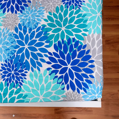 Divine Casa 144 TC Cotton Flower Print Queen Size Double Bed Elastic Fitted Bedsheet with 2 Pillow Cover Colour Dusk Blue