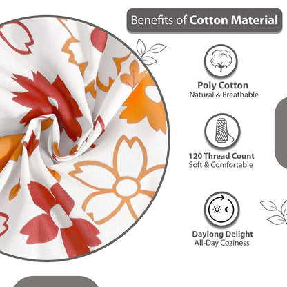 Divine Casa Double Size Bedsheet for Double Bed 144 TC Pure Cotton Queen Size with 2 Pillow Covers Floral Colour Rust White