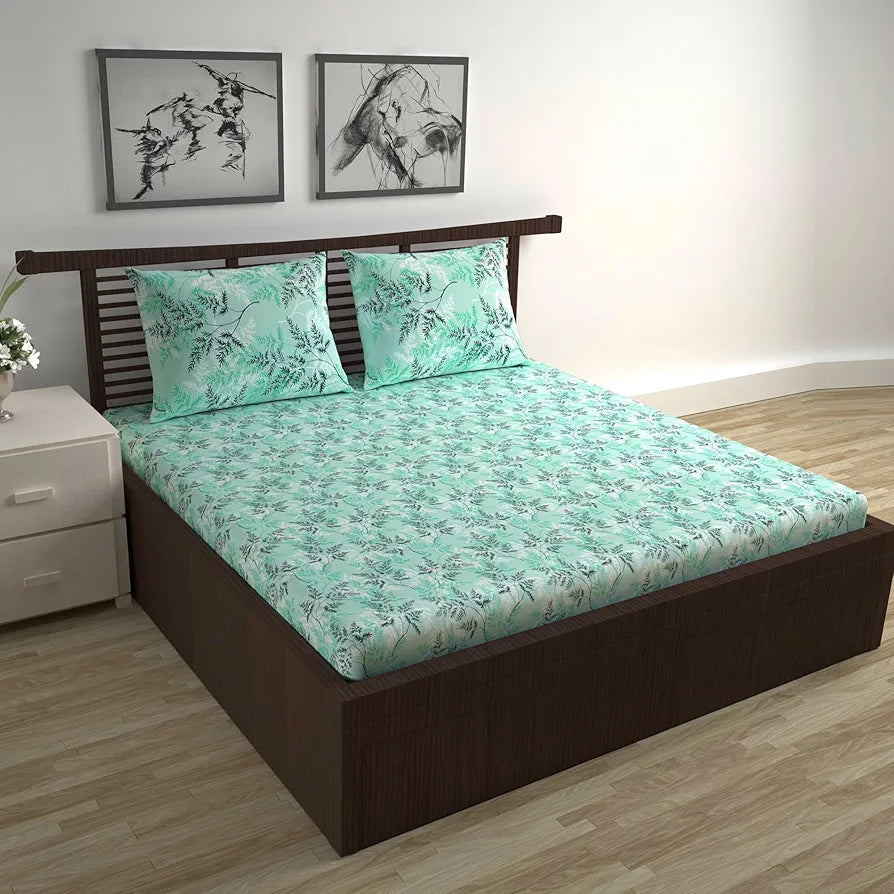 Divine Casa 144 TC 100% Cotton Bedsheet for Double Bed with 2 Pillow Cover Colour Blue Mint