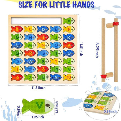 Kidology Wooden Magnetic Fishing Game & Montessori Alphabet Puzzle