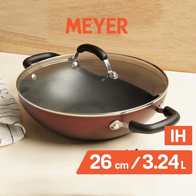 Meyer Merlot Aluminium Non-Stick Kadai | Kadhai with Glass Lid 26cm/ 3.24 Litre
