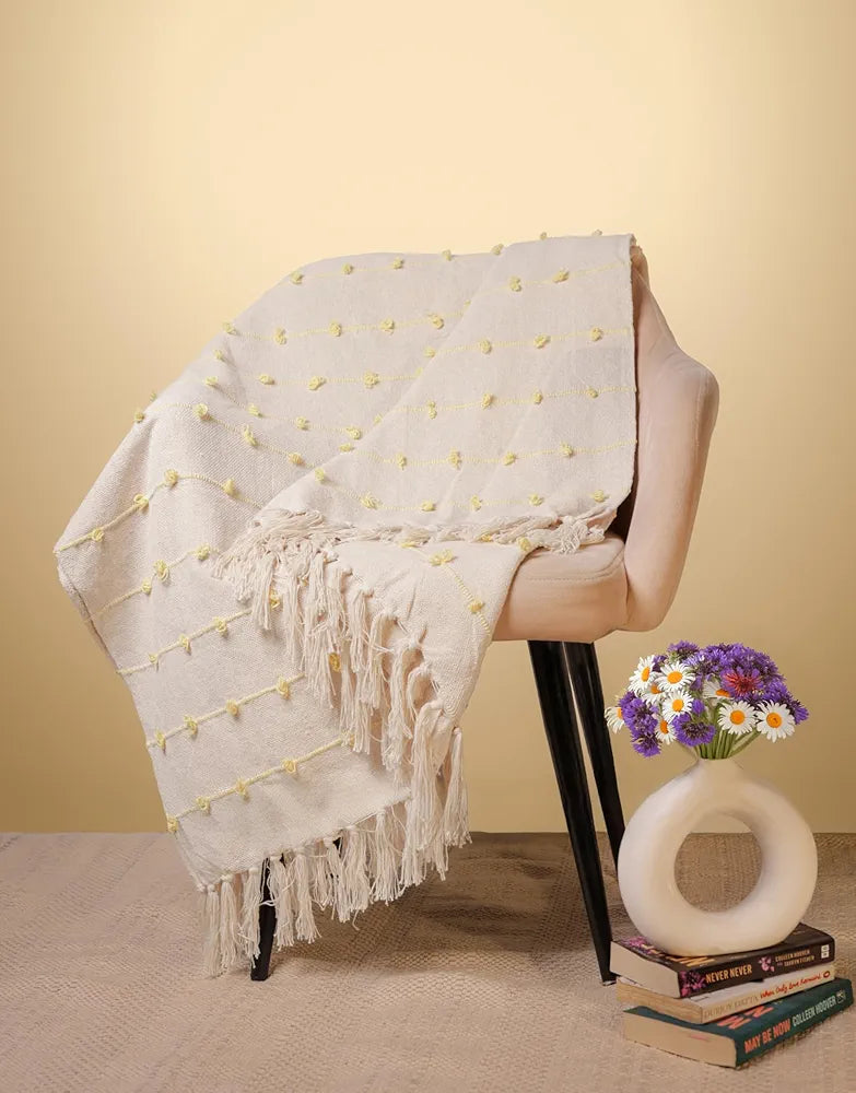 Sajavat Home Hand Knitted Pure Cotton 3 Seater Sofa Throw Colour Beige & Yellow