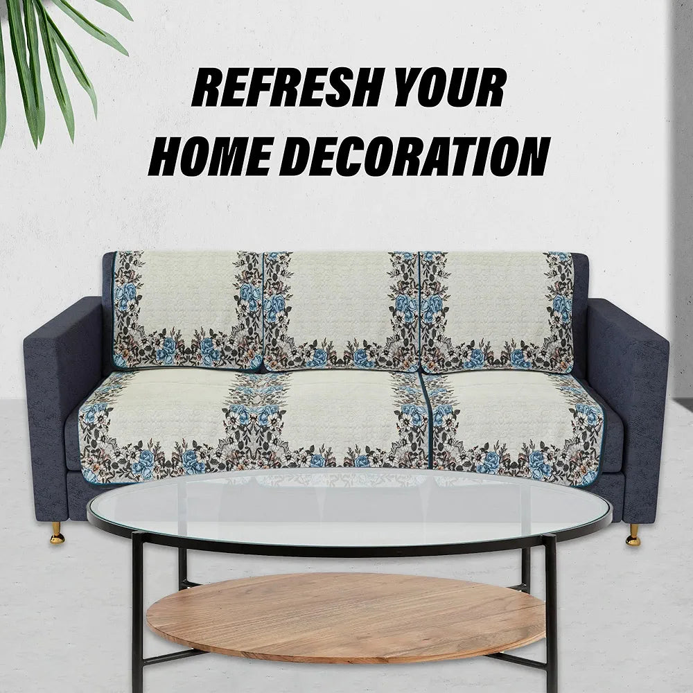 Kuber Industries 5-Seater Couch Cover Net Velvet Sofa Slip Cover Set Blue Gulab Border Crown Sofa Cover Cream