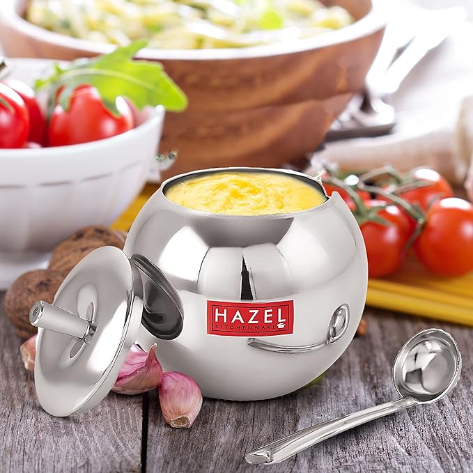 Hazel Stainless Steel Oil and Ghee Container With Spoon for Kitchen 320 ml Capacity
