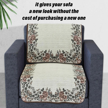 Kuber Industries Sofa Cover Set 5-Seater Couch Cover Brown Gulab Border Crown Sofa Cover Cream