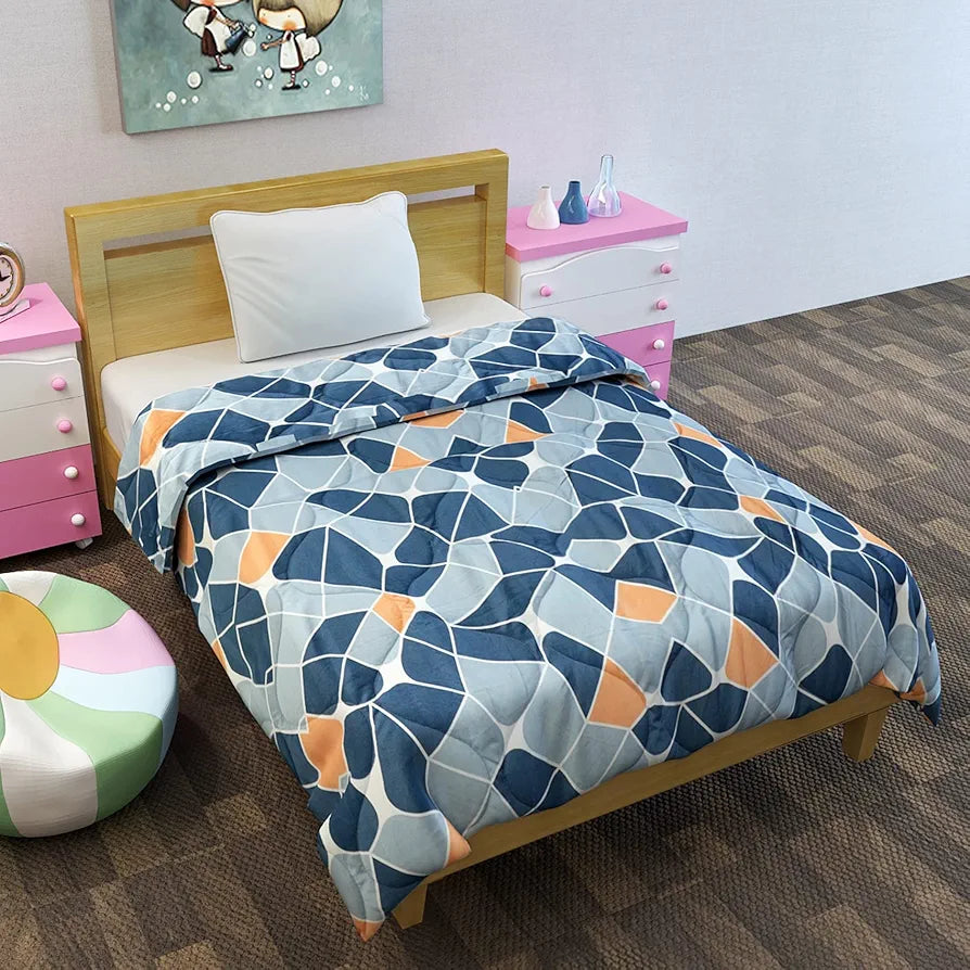 Divine Casa 120 GSM Microfiber Reversible Kids Single Bed Comforter Ultra-Soft Toddler Blanket Colour Blue-Grey and Orange