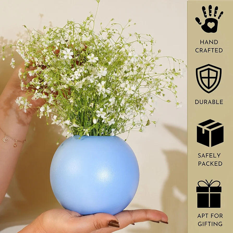 Behoma Metal Ball Round Flower Vase Blue Small Flowers not Included