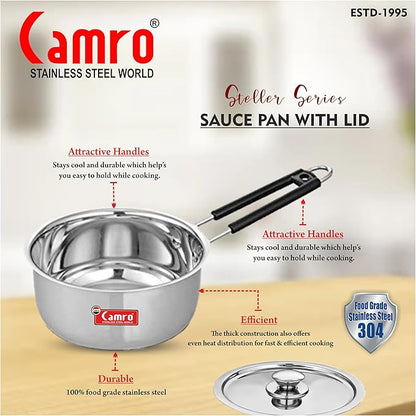 Camro Induction Bottom Deep Sauce Pan with Lid (14 No, 3.7 Liters) Gas Stove Compatible