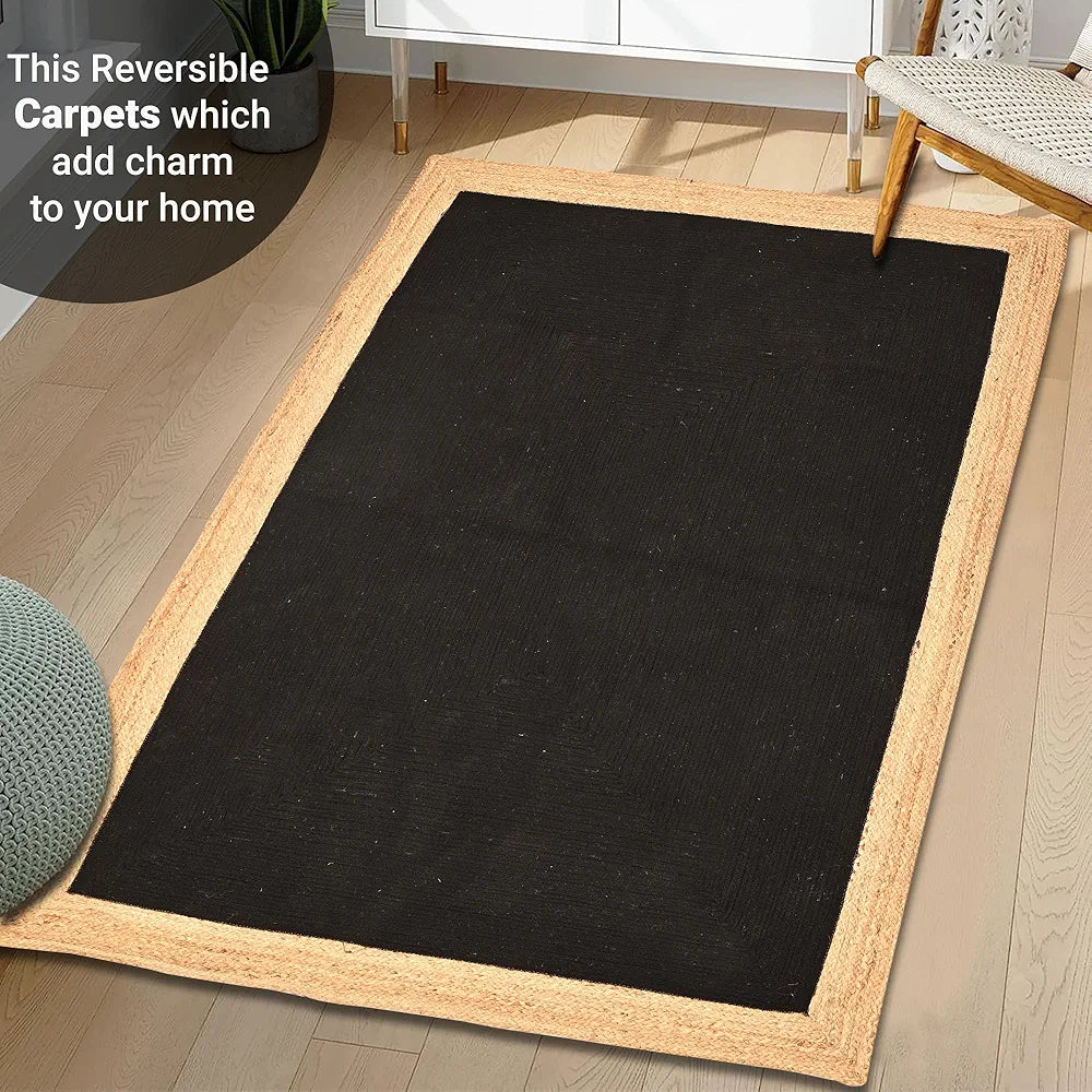 Kuber Industries 3x5 Feet Reversible Carpets for Living Room Machine Washable Border Black & Beige
