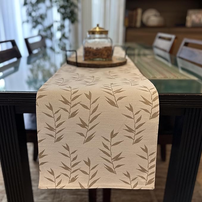 Oak & Lily Table Runner in Ivory & Beige Leaf Print Washable 4 Seater & 6 Seater Dining and Center Tables
