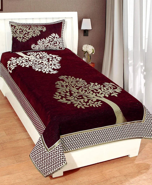 Fresh From Loom Chenille Floral 500 TC Heavy Bedsheet for Single Bed Size Wine Color with 1 Pillow Covers