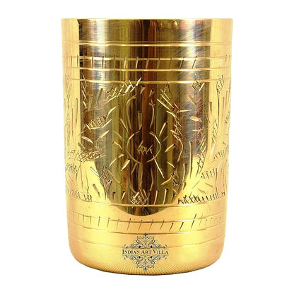 Indian Art Villa Pure Brass Glass Tumbler With Floral Etched Straight Design - 207 gms (Pack of 2)