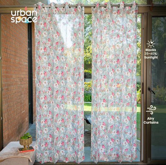 Urban Space Printed Sheer Curtains for Long Door 8 feet Light Filtering Textured Decorative Curtains with Eyelets and TieBack for Living Room, Set of 2 Curtains Flora Nova Sage Green Sheer
