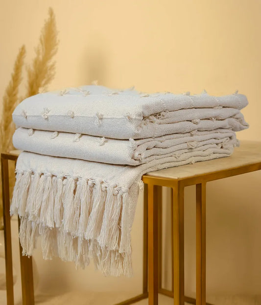 Sajavat Home Hand-Knitted Pure Cotton 3 Seater Sofa Throw  Colour Beige