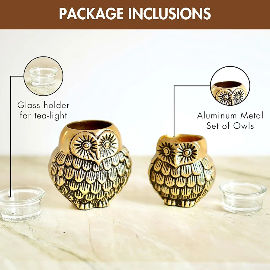 BEHOMA Aluminium Owls with Votives Set of Mother and Child | Statue for Home Decor Tabletop Living Room | Candle Holder Gift Showpiece for Mothers Day, Birthday, Anniversary | Votives Candle Included