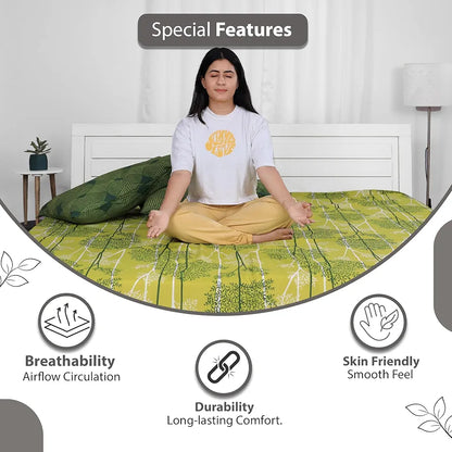 Divine Casa Double Size Bedsheet for Double Bed, 144 TC Pure Cotton Queen Size with 2 Pillow Covers Floral Colour Green & White