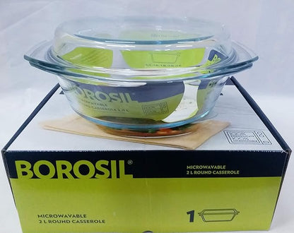 Borosil Solid Glass Casserole Oven and Microwave Safe Serving Bowl with Lid | Transparent | 2 Litres
