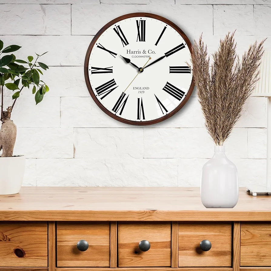 Harris & Co. Clockmasters Luxury Wooden Frame Curved Glass Silent Sweep Noiseless Technology Roman Design Analog Wall Clock With Spade Hands