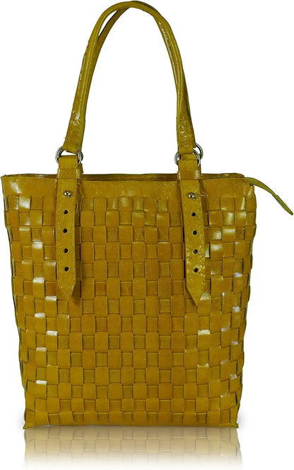 Goatter Genuine Leather Handmade Women's Tote Bag,Yellow Color