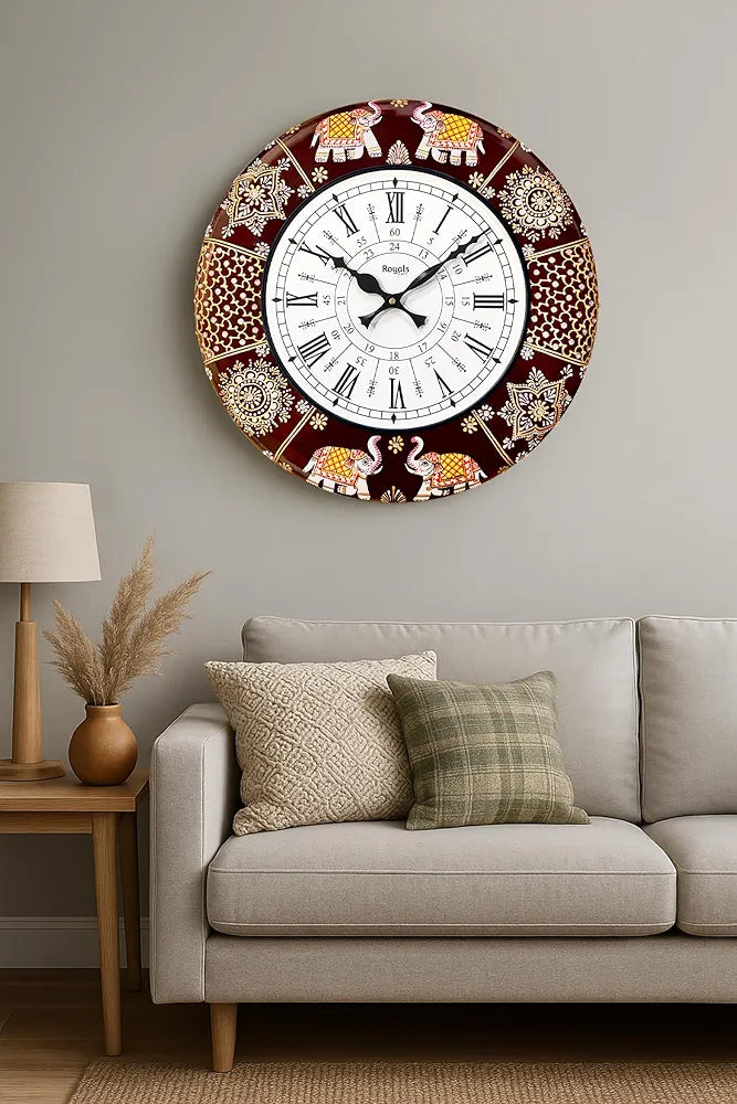 RoyalsCart Ethnic Handcrafted Decorative Analog Wall Clock with Rajasthani Elephant Painting Brown Wooden Clock [KTWC191D] Elephant Designer Painting