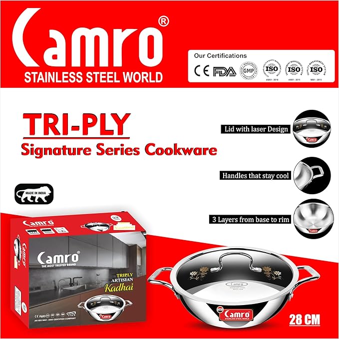 Camro Tripro Triply Signature Kadhai with lid 28 cm 4.4 Liters Capacity Stainless Steel Lid for Curry