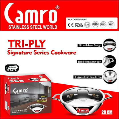 Camro Tripro Triply Signature Kadhai with lid 28 cm 4.4 Liters Capacity Stainless Steel Lid for Curry