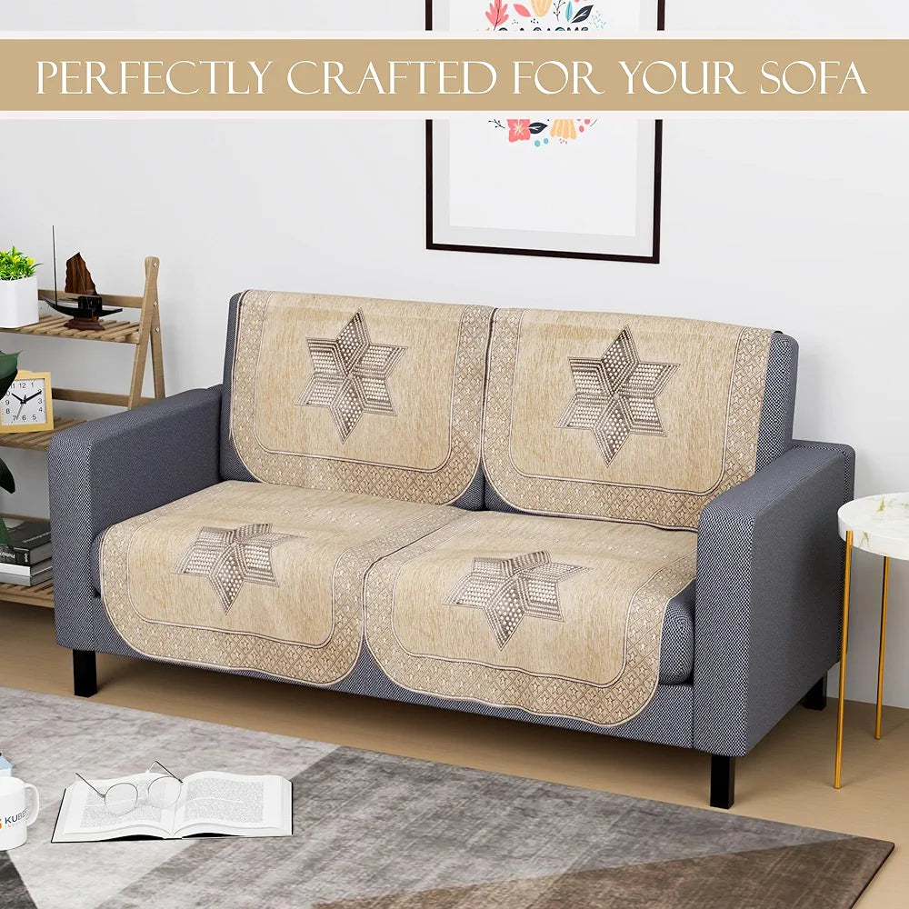 Kuber Industries Set of 4 Durable 2 Seater Sofa Cover for Living Room Star Print Cream & Brown