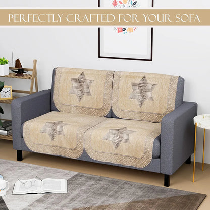 Kuber Industries Set of 4 Durable 2 Seater Sofa Cover for Living Room Star Print Cream & Brown
