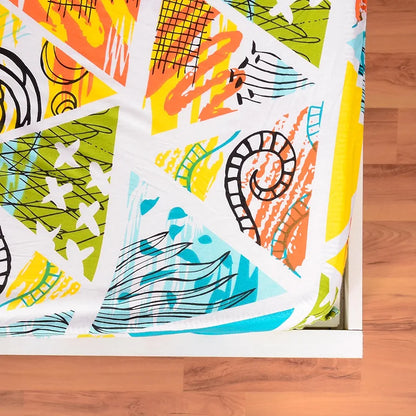 Divine Casa 144 TC Cotton Geometric Print Queen Size Double Bed Elastic Fitted Bedsheet with 2 Pillow Cover Colour Sunny Lime Punch