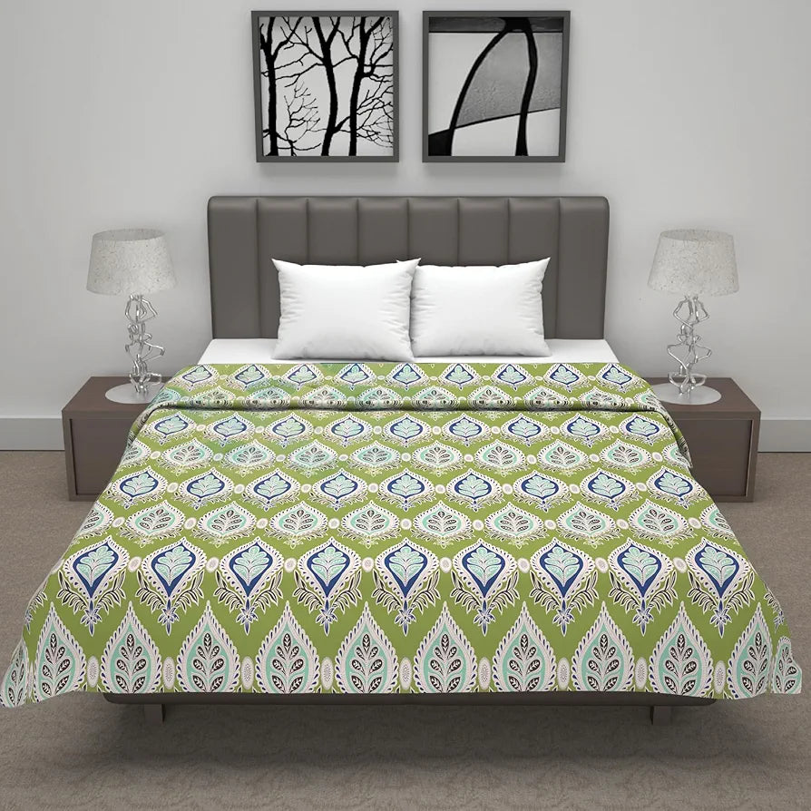 Divine Casa Floret 100% Cotton Double Dohar 120 GSM Soft & Lightweight Throw Blanket Colour Palm Green