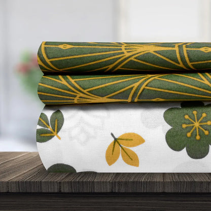 Divine Casa Double Size Bedsheet for Double Bed 144 TC Pure Cotton Queen Size with 2 Pillow Covers Floral Colour Mustard Green