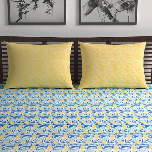 Divine Casa 144 TC 100% Pure Cotton Double Bed Bedsheet with 2 Pillow Covers Tropical Floral Colour Blue Yellow