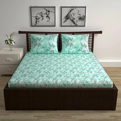 Divine Casa 144 TC 100% Cotton Bedsheet for Double Bed with 2 Pillow Cover Colour Blue Mint