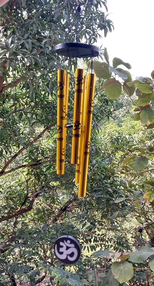 Tej Gifts Feng Shui Metal Wind Chime with OM Symbol – 5 Pipes Golden Hanging Bells