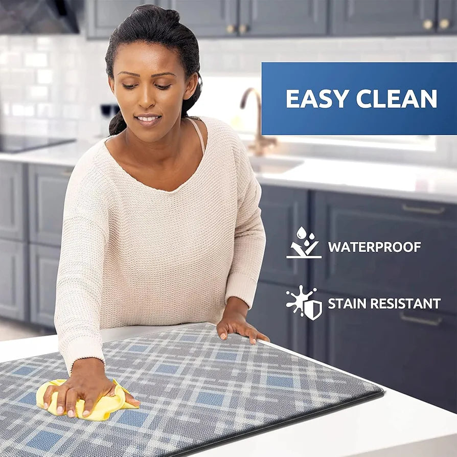 Luxe Home Columbo Anti-Fatigue Kitchen Mat Non-Slip Cushioned Comfort Mat Blue Plaid Pattern Standing Desk Mat Colour Check